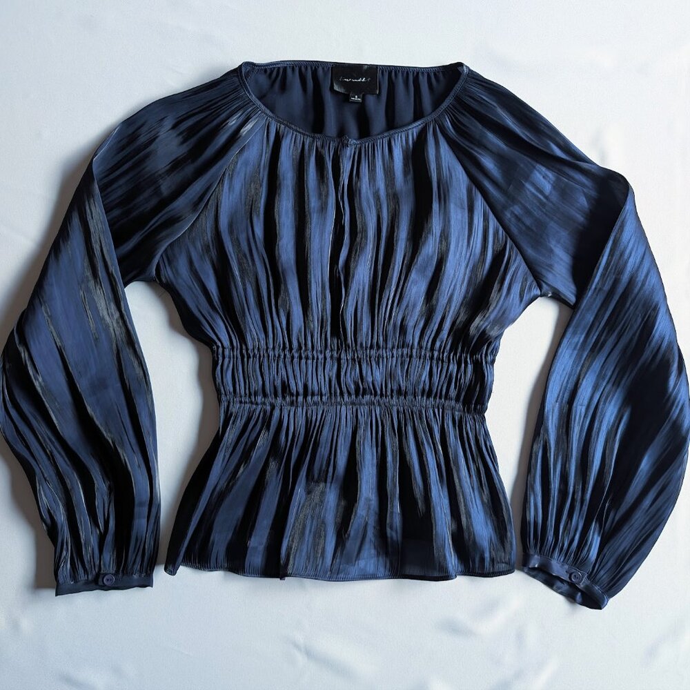 line and dot Anthropologie long sleeve shimmer top navy pleats smocked S